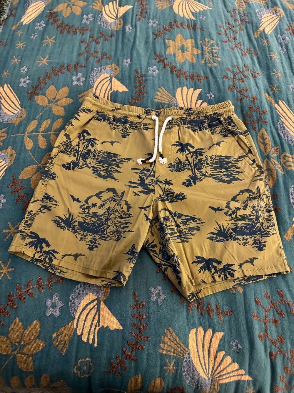 Howe Mustard Swim Trunks with Navy Island Print